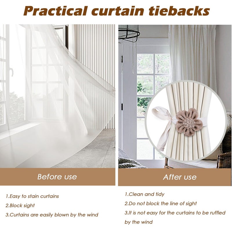 SRG 4pcs Handmade Rope Curtain Tiebacks | Boho Flower Curtain Holdbacks | Simple Elegant Sunflower Curtain Holders | Boho Bedroom Decor(Cream&Khaki) - Image 5